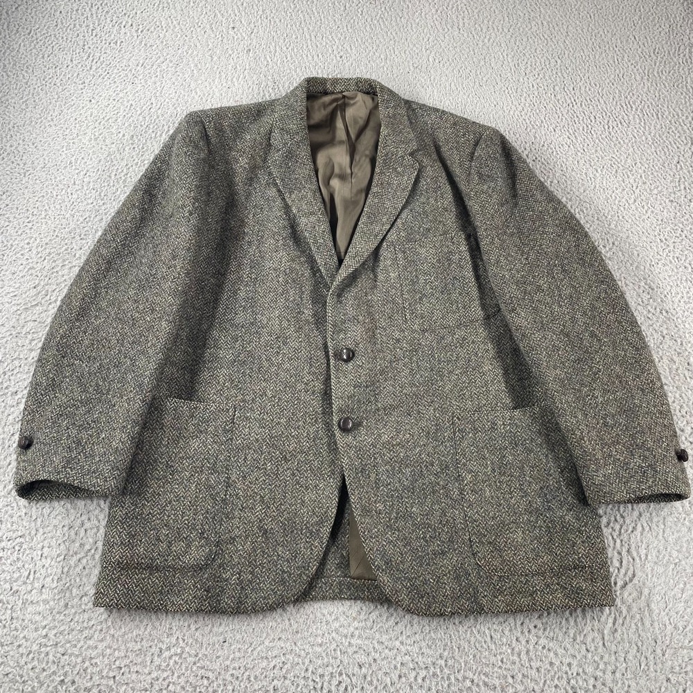Vintage 70s Harris Tweed Scottish Wool Blazer Jacket Herringbone Leather Buttons